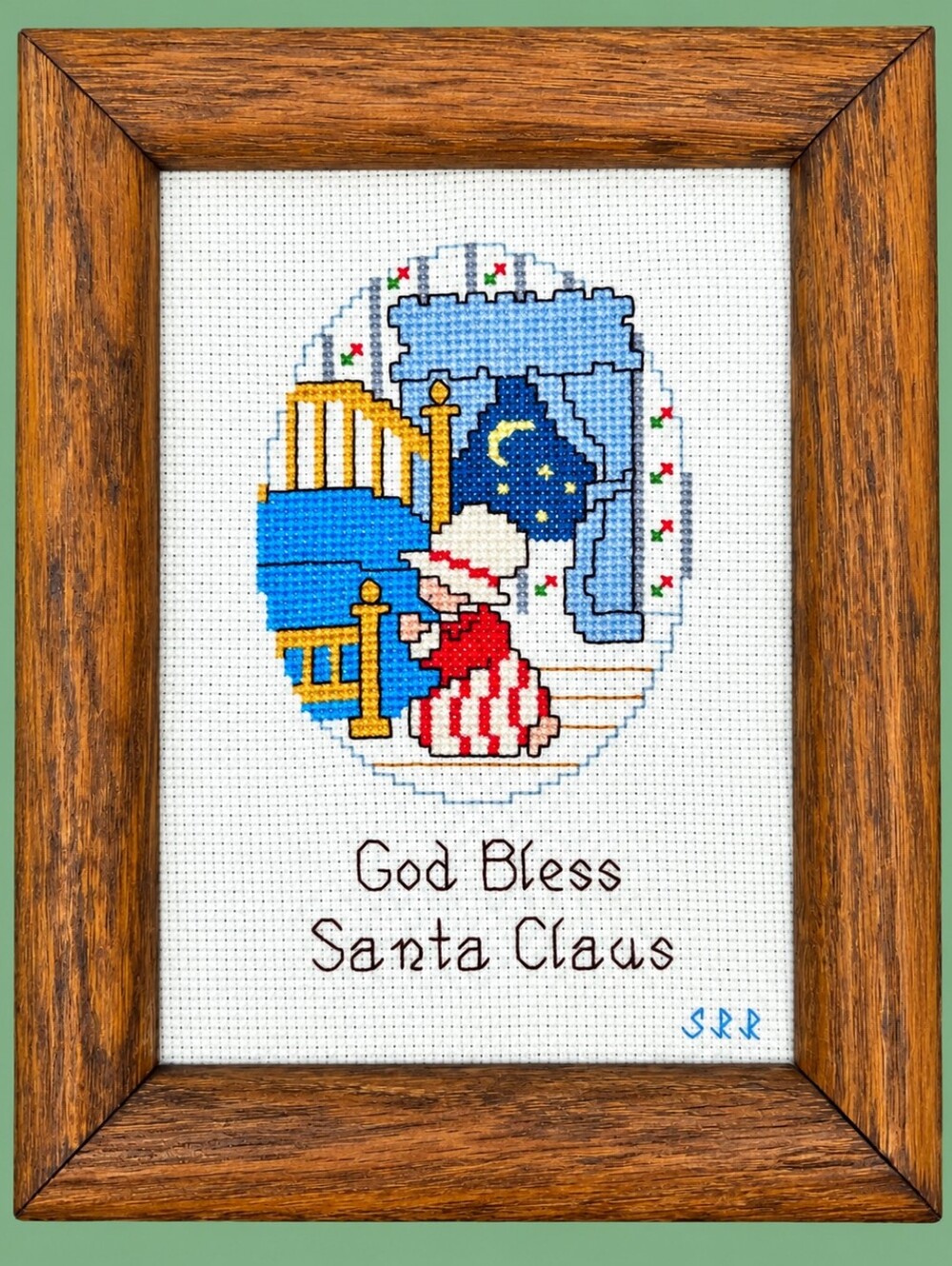 Vintage God Bless Santa Claus Cross Stitch Framed Christmas Needlework Handmade
